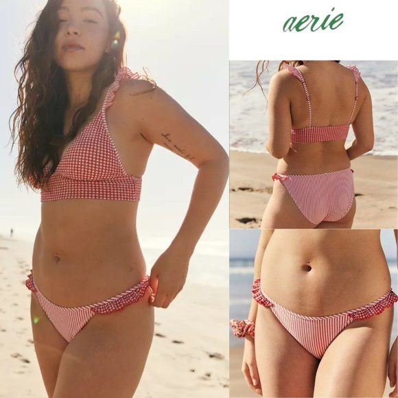 NWT - Aerie Ruffled Cloqué Bikini Bottom in Garnet Size M - Picture 1 of 12